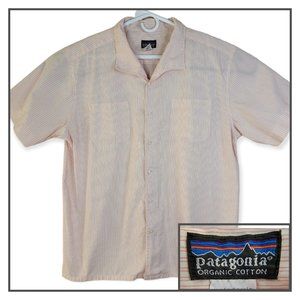 Patagonia Men's Large Pink White Stripped Organic Cotton Button Down Shirt
